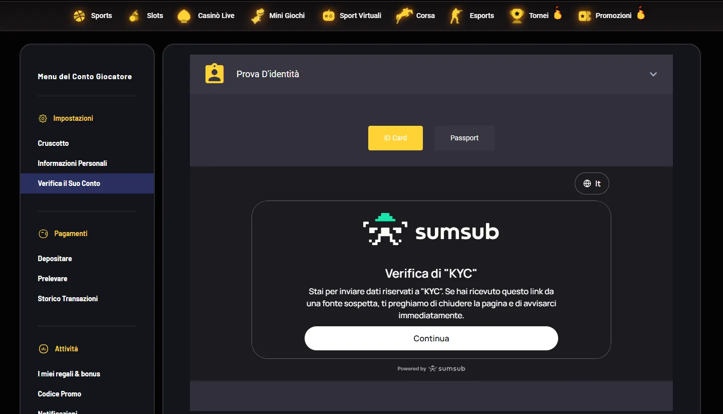 Pagina Verifica il Suo Conto di Donbet con caricamento del documento