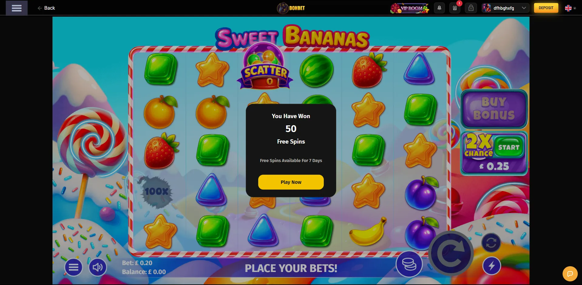 Pop-up con 50 giri gratis sulla slot Sweet Bananas su Donbet