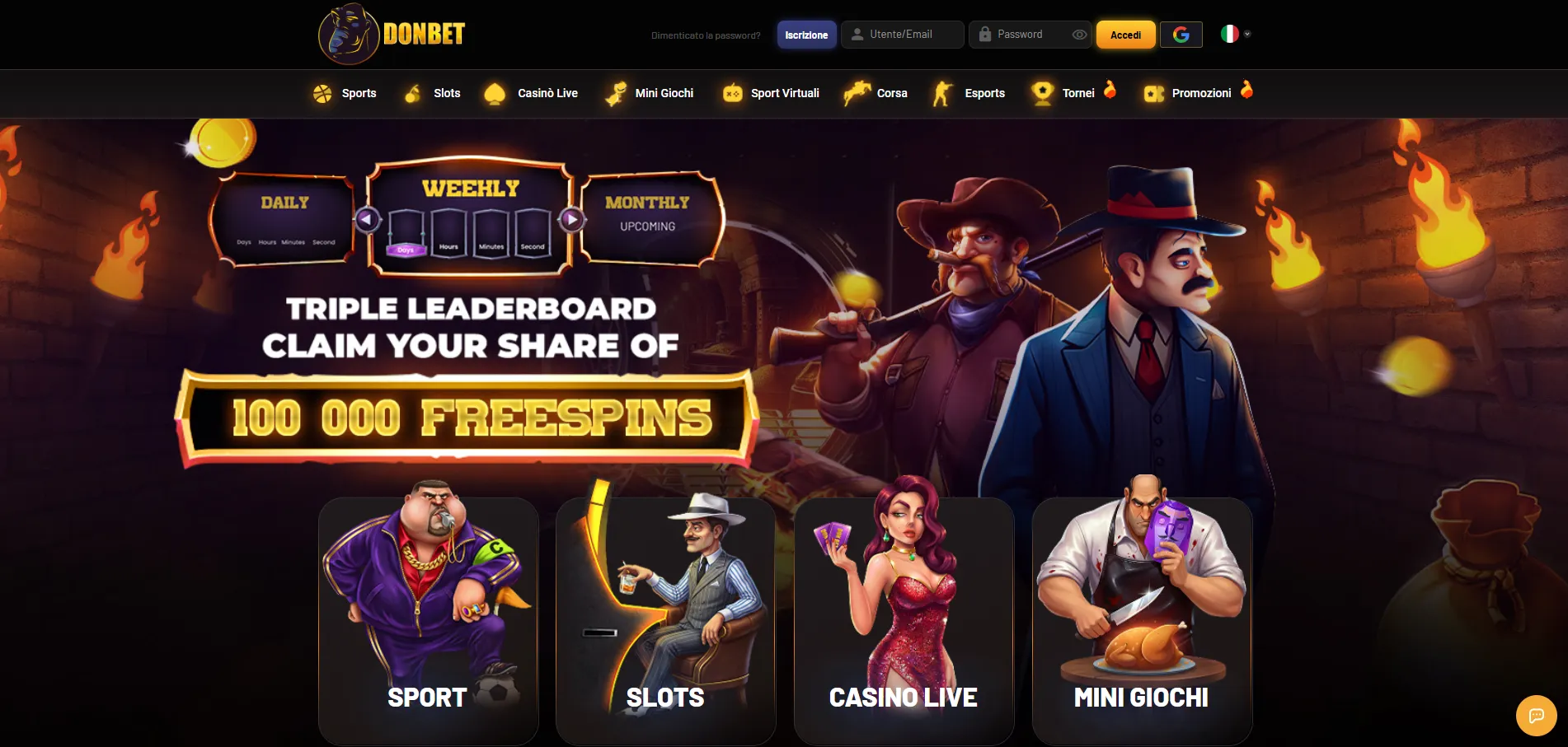 Homepage di Donbet con il pulsante di login in alto a destra