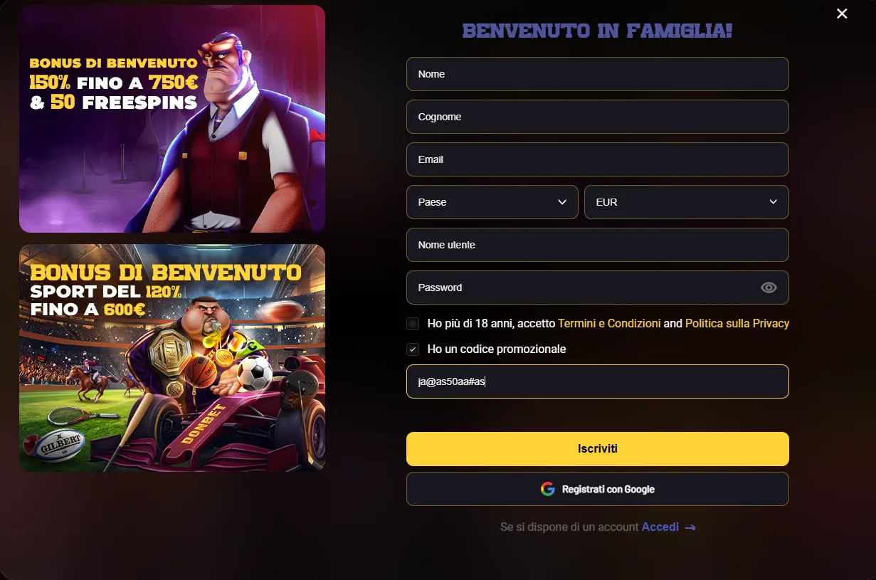 Modulo di registrazione Donbet con il codice promozionale inserito
