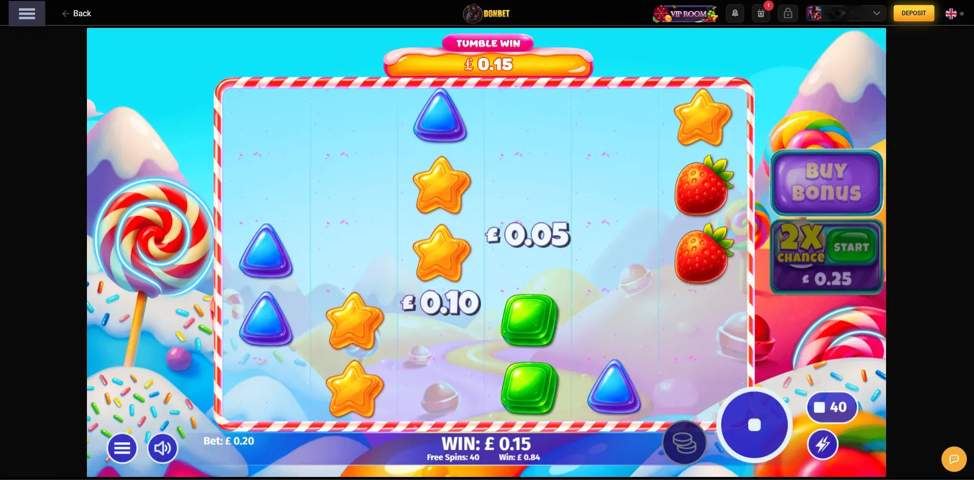 Gameplay della slot Sweet Bananas con vincita Tumble Win su Donbet